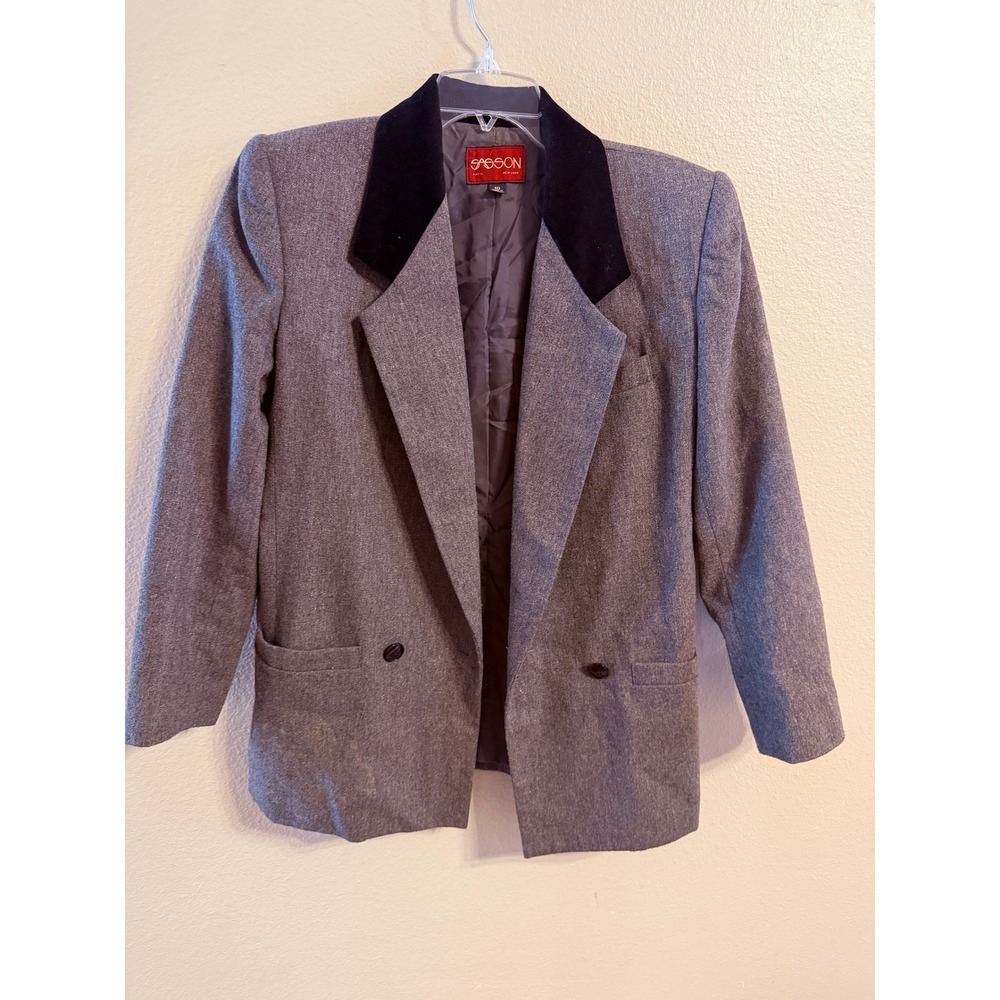 Sasson Vintage Blazer Women  Grey Wool Blend Velvet Collar Double Breasted Good